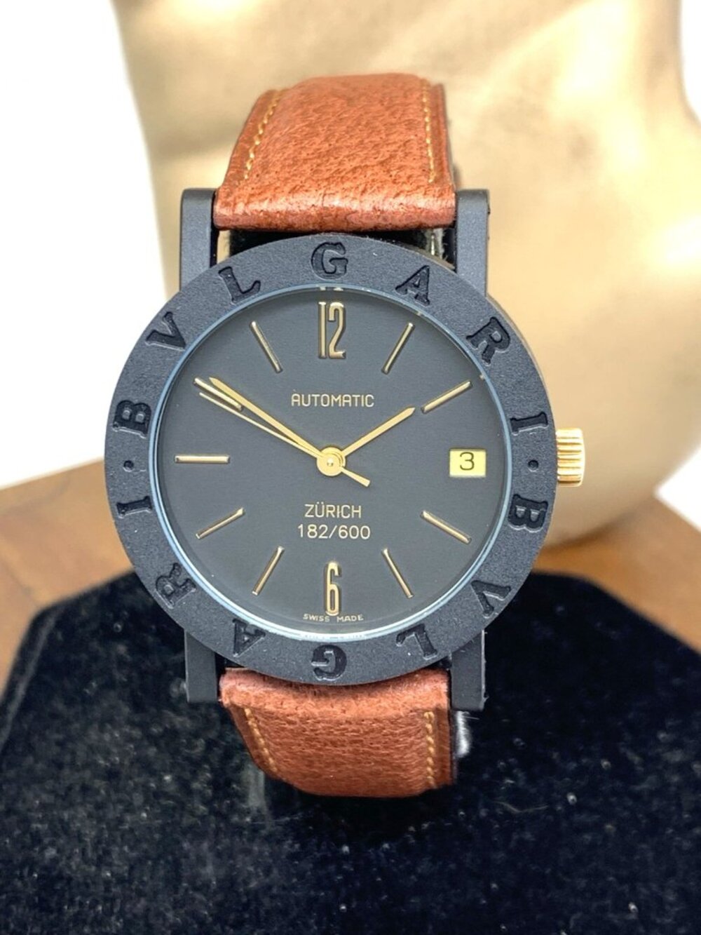 Bvlgari Watch Limited Edition Zürich Swiss Automatic Black Brown Leather Strap